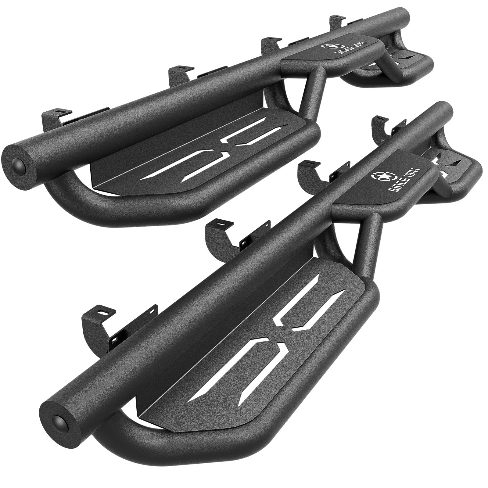 SUORTO Heavy-Duty Steel Nerf Bars for Jeep Gladiator JT 4 Door 2020-2024 Black Wave Pattern Two Stairs Design Side Steps