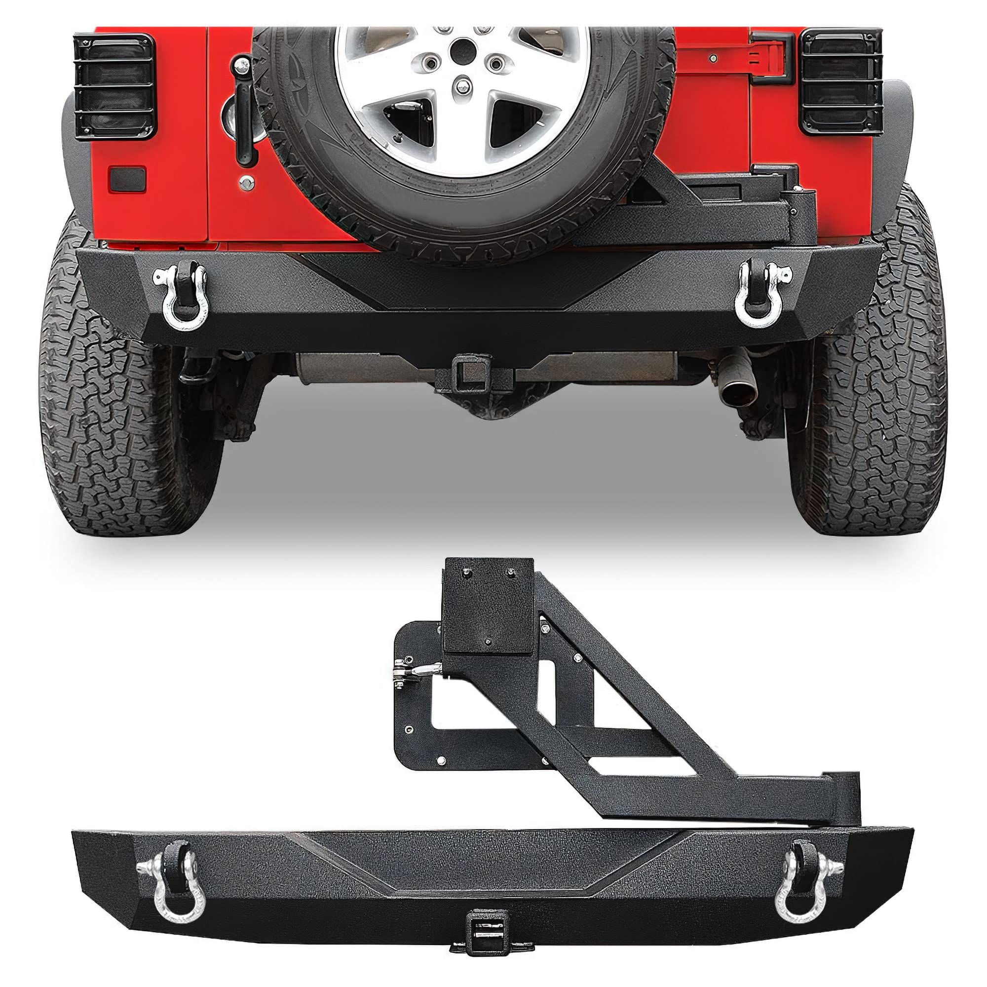 LEDKINGDOMUS Textured Black Rear Bumper with Tire Carrier & 2" Hitch Receiver for 07-18 Jeep Wrangler JK JKU Rubicon Sah